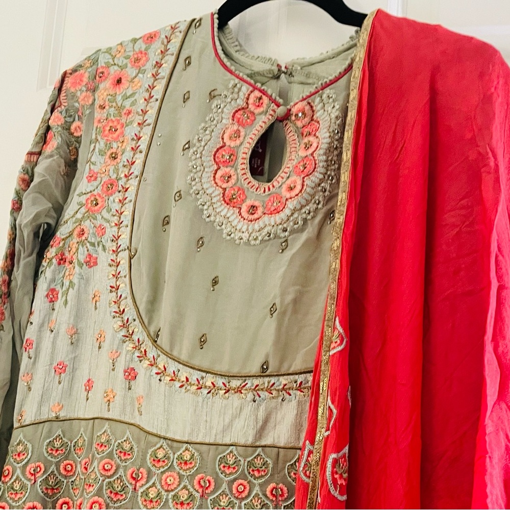 Beautiful designer’s Anar kali long dress with contrast embroidered Dupatta